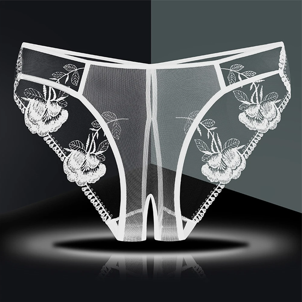 Sexy Transparent Mesh Briefs Open Crotch Underwear Ladies See Through Floral Lace Underpants Sex Panties Erotic Lingerie