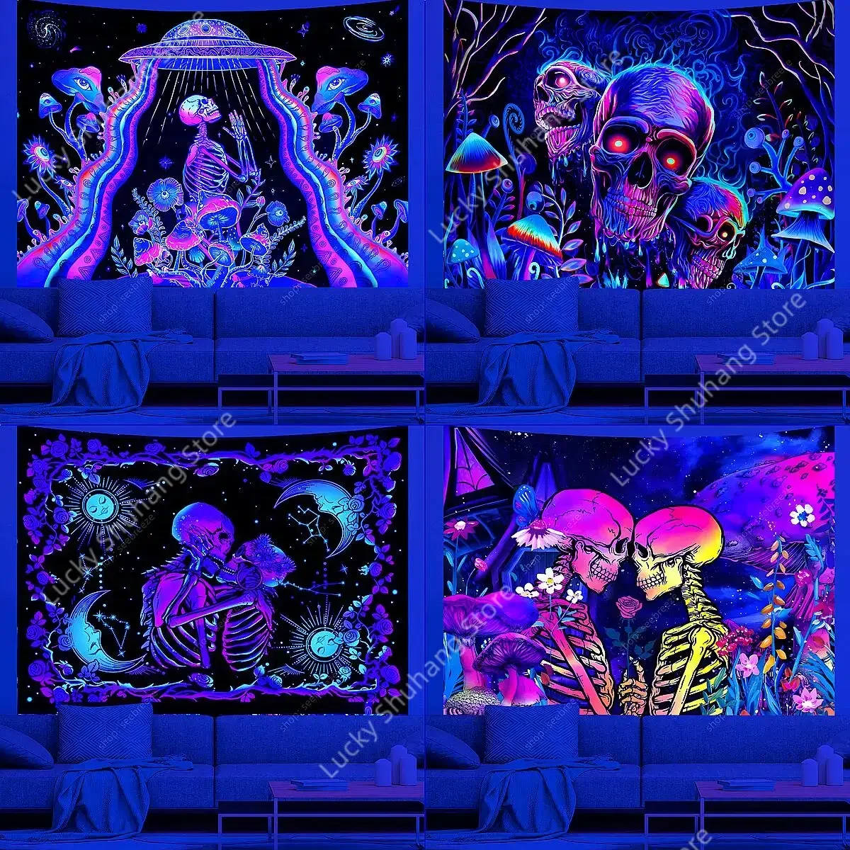 Psychedelic Skeleton UV Reactive Wall Tapestry Hippie Skull Tapestry Wall Hanging for Bedroom Aesthetic Dorm Decor Party Decor