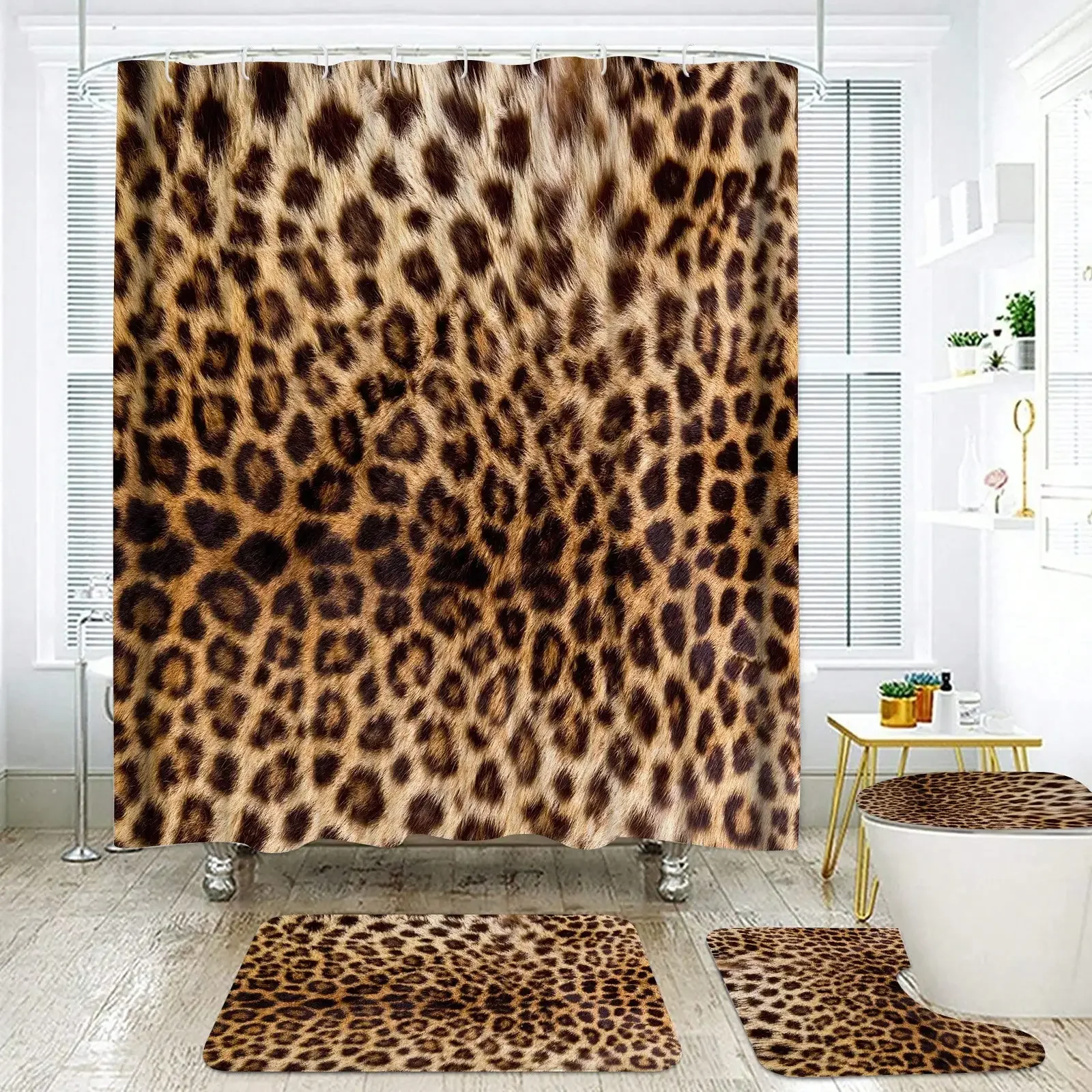 

4PCS Leopard Pattern Print Shower Curtain Set, Stylish Bathroom Decoration, Soft Fabric Shower Curtain, Toilet Lid Cover Pad, Bathroom Non-Slip Bath Mat, 12 Plastic Hooks, 71x71 Inches