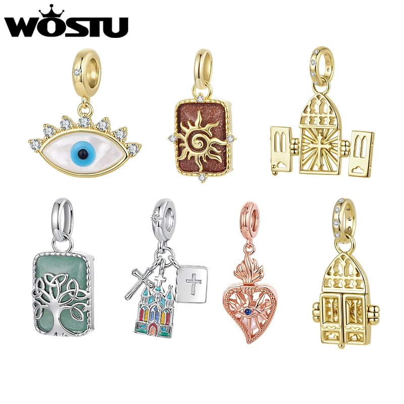 WOSTU Vintage Religious Charms Collection, Evil Eye & Cross Pendant Rose Gold Plated Sacred Heart Church Beads Fit DIY Bracelet