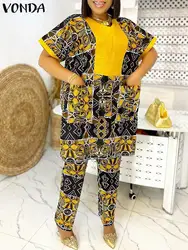 Damskie garnitury z nadrukiem VONDA Bohemian Fashion Summer Pants Sets 2024 V Neck Short Sleeve 2PCS Loose Casual Pocket Matching Sets