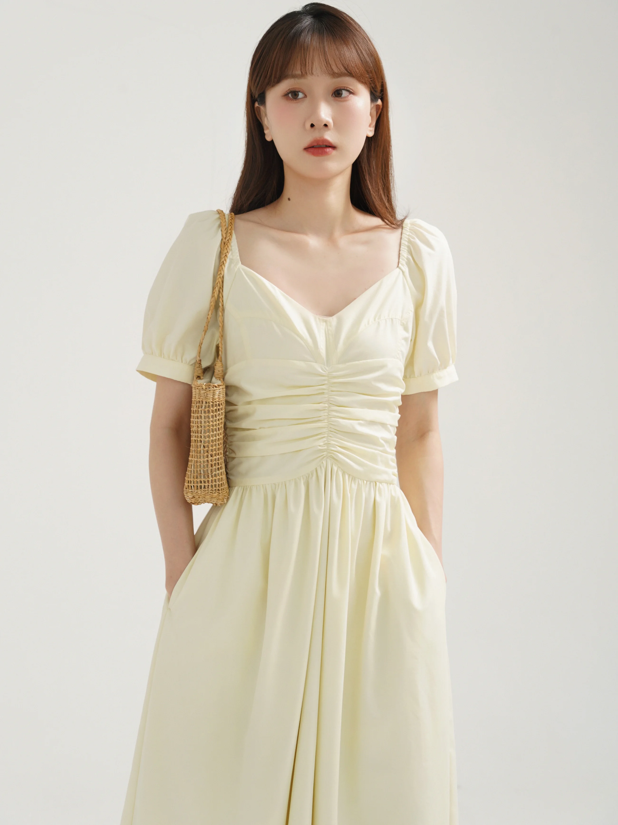 French V-Neck Puff Sleeve Dress Women Summer Slim Fit A-Line Long Dress Elegant Ruched Waist Soft Girl Look Daily Date Vacation