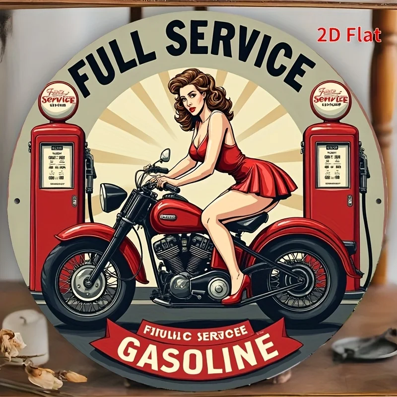 2D Flat, Vintage Gas Station Metal Wall Decor - Retro Service Garage Sign with Motorcycle & Pin-Up Girl, Red/Black/Beige Color