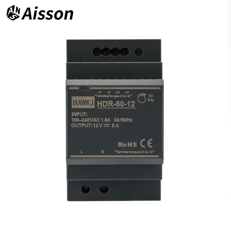 60W HDR-60 Series DIN Rail Mounting Ultrathin Switching Power Supply with DC 5V/12V/24V/48V Output 100-240VAC Input