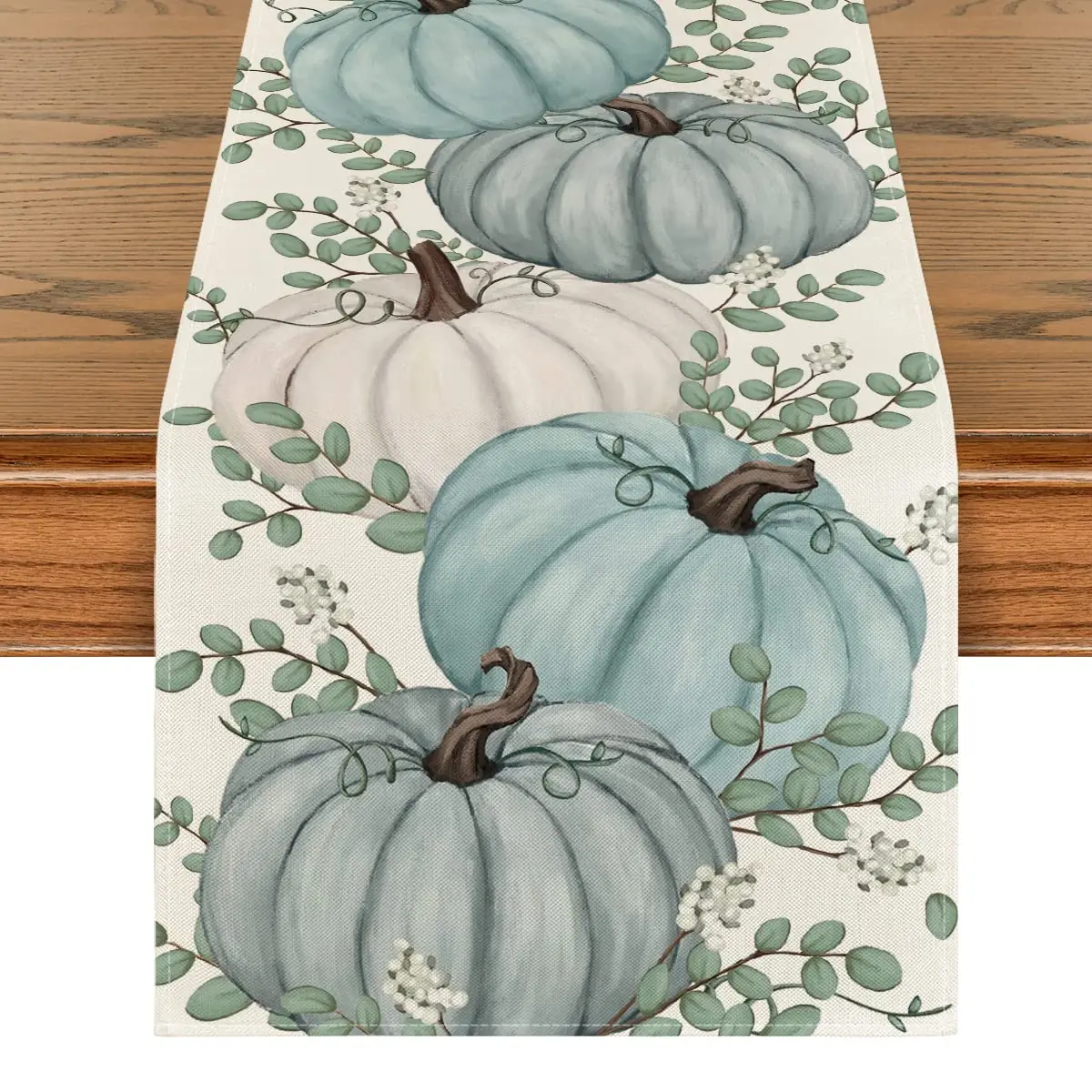 

Pumpkins Eucalyptus Leaves Fall Table Runner, Autumn Thanksgiving Kitchen Dining Table Decoration, Home Party Decor