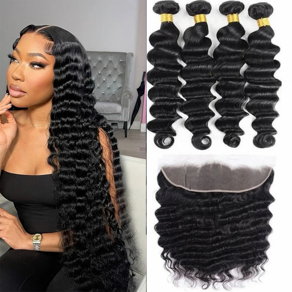 Bundles de cheveux humains Deep Wave, fermeture à lacet 13x4, cheveux Boby, 100% non transformés, document naturel, 3