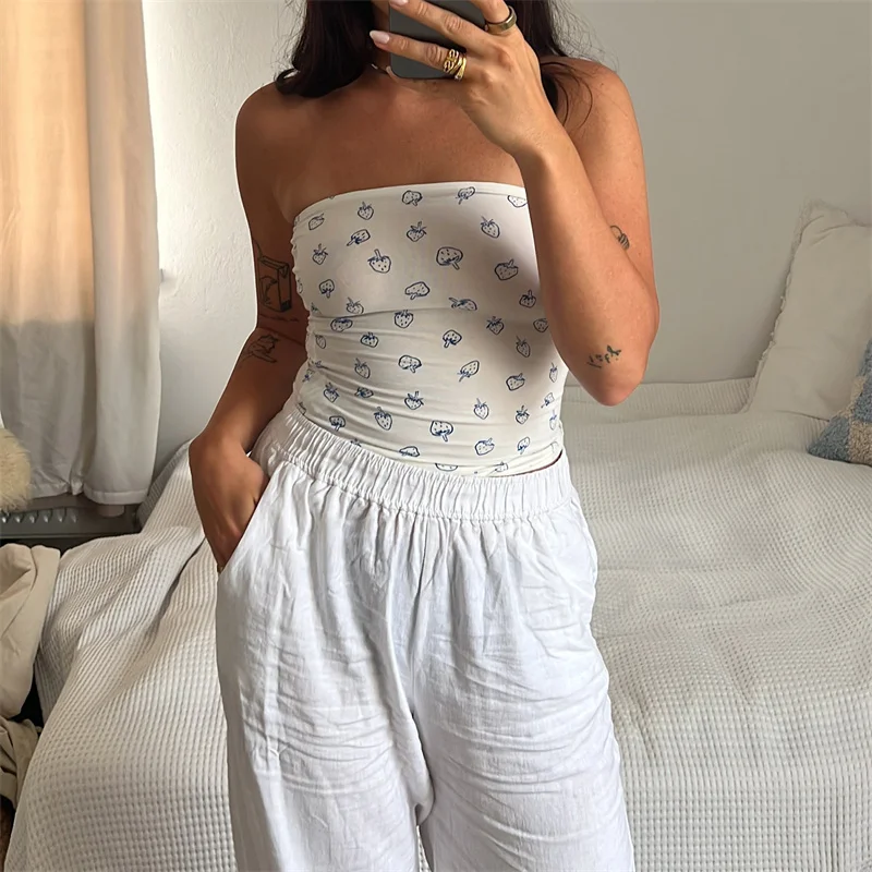 Xingqing Kawaii Tube Top y2k Clothes Women Strawberry Print Off Shoulder Strapless Sleeveless Bandeau 2000s Clothing Streetwear