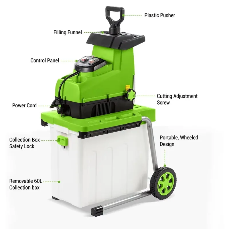 For 2800W Electric Industrial Garden Shredder Chipper with Collection Bin & Wheels Portable Leaf & Branch Mulcher Yard Waste