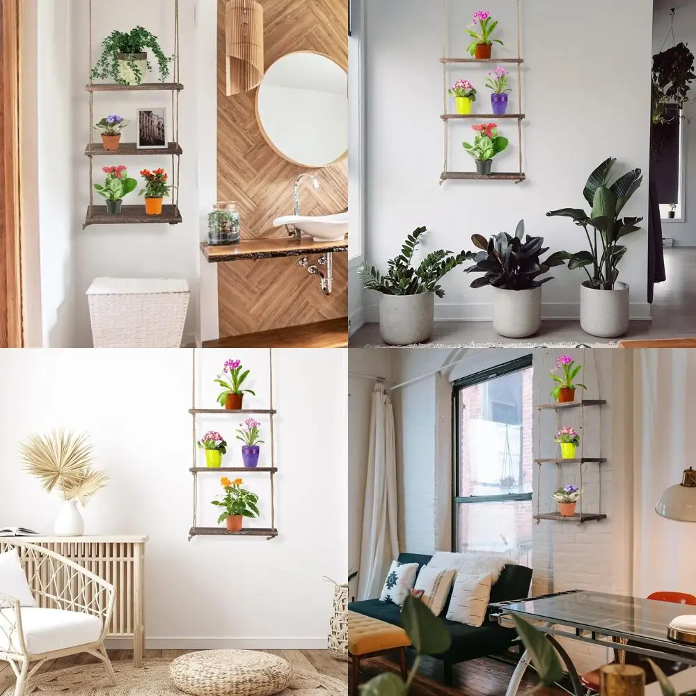 

2 Pcs Hanging Shelves Window Shel or Plants 3 Tier Rustic Wood loating Wall Shelves Photo Plant Ornaments Display Hanging Storag