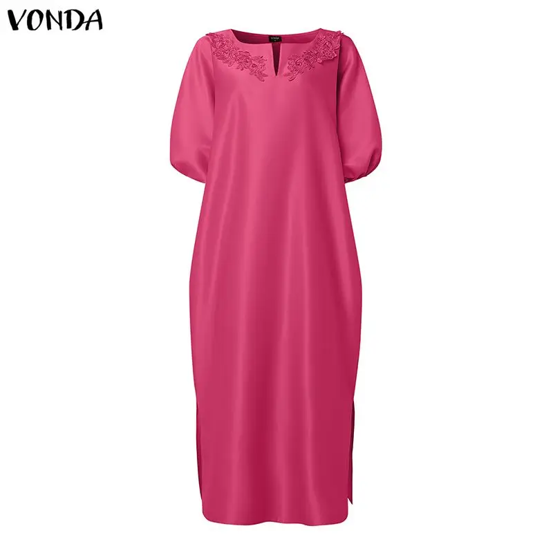 VONDA Plus Size 5XL Flower Patchwork Women Satin Dresses Elegant Puff Sleeve Maxi Vestidos 2026 V-Neck Party Evening Robe Femme view 4