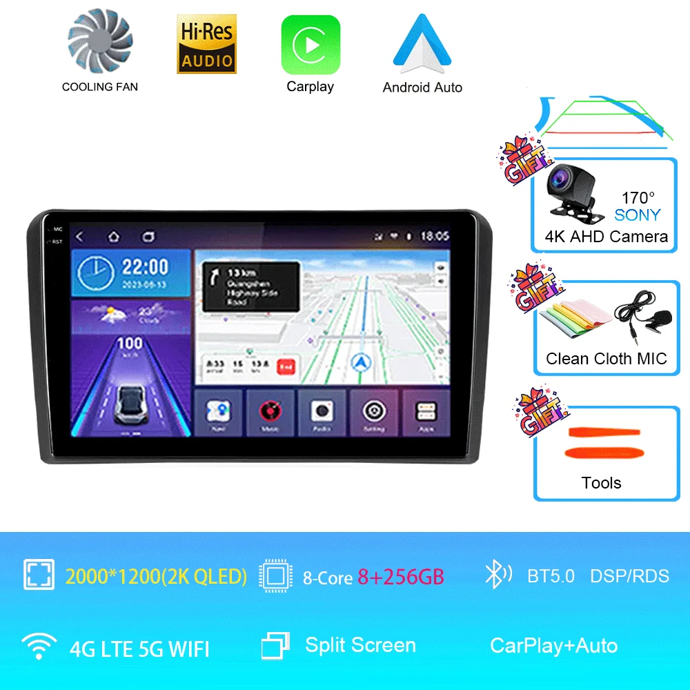 Android 16 Carplay Auto voor Audi A3 8P 2003-2013 autoradio 2din multimediaspeler GPS navigatie audio stereo DSP 360 camera 4G