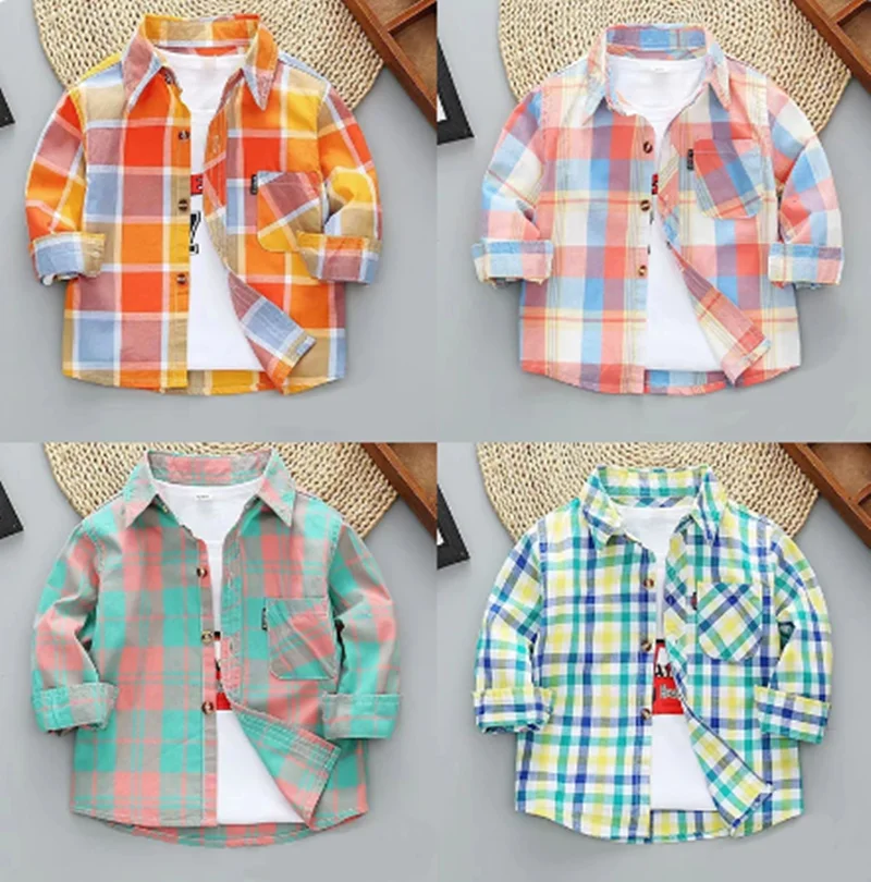 

1-8Y Toddler Boys Shirt Spring Summer Cotton Plaid Printed Jacket Fashion Kids British Style Long Sleeve Shirt Children Clothing