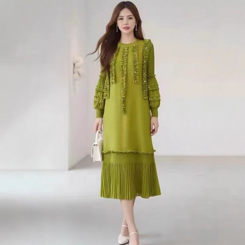 

Miyake элегантное эластичное лоскутное женское плиссированное платье с кромкой и элистичным свободным длинным платьем с круглым воротником