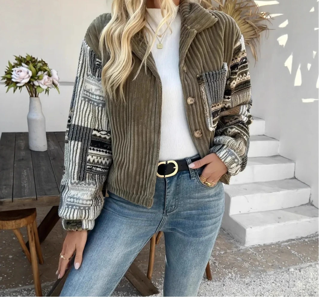 2025 Women's Collar Long Sleeved Buttoned Jacket Casual Patchwork Contrasting Color Coat Elegant Cotton Jacket