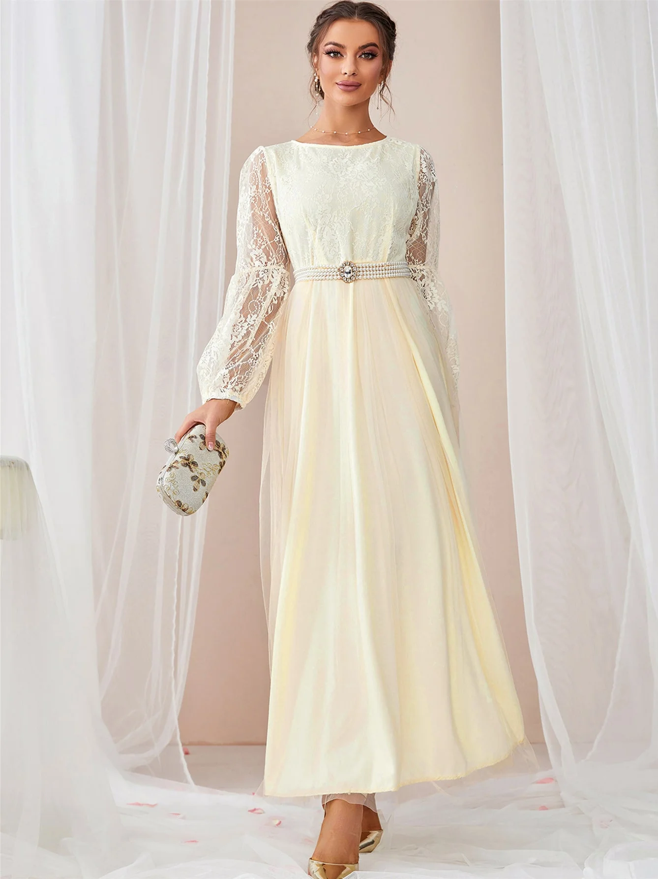 Nowość 2025 Elegancka sukienka damska z koronkowymi wstawkami i siateczką na wiosnę i lato, transgraniczna, z naturalną talią, w stylu Bliskiego Wschodu.