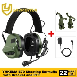 2026 NEW YHKEMA E70 Shooting Earmuffs Tactical Noise Reduction Headset with Helmet ARC Rail Adapter with Kenwood PTT adapter