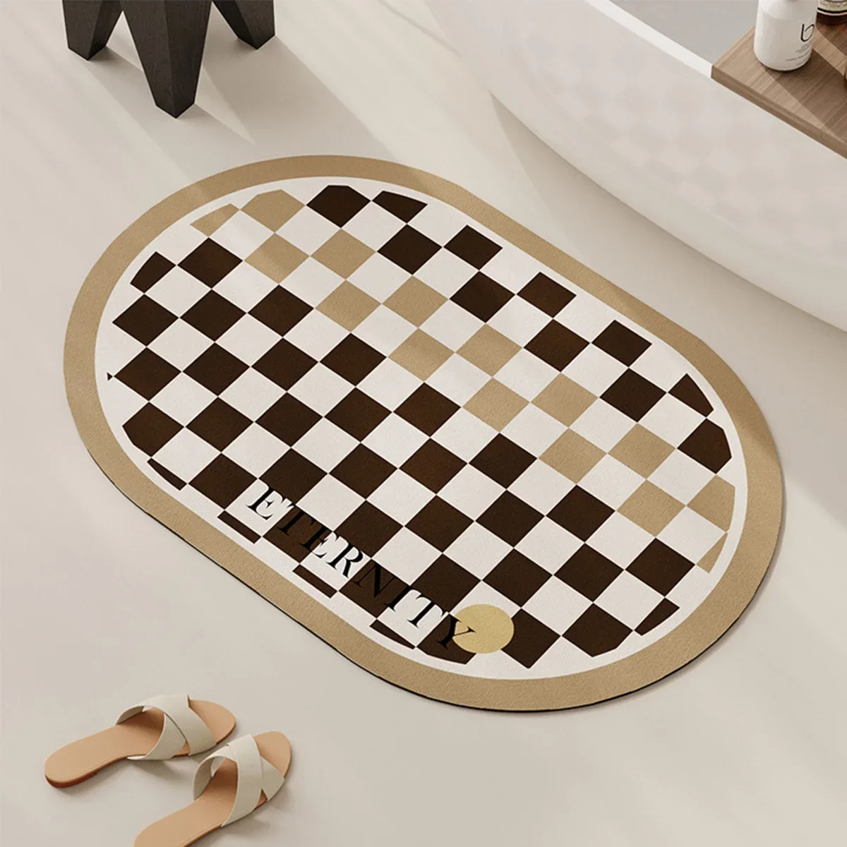 

Modern Checkered Oval Doormat Rug Diatom Mud Floor Non-slip Mat Bathroom Entrance Water Absorbing Carpet Shower Room Foot Mat