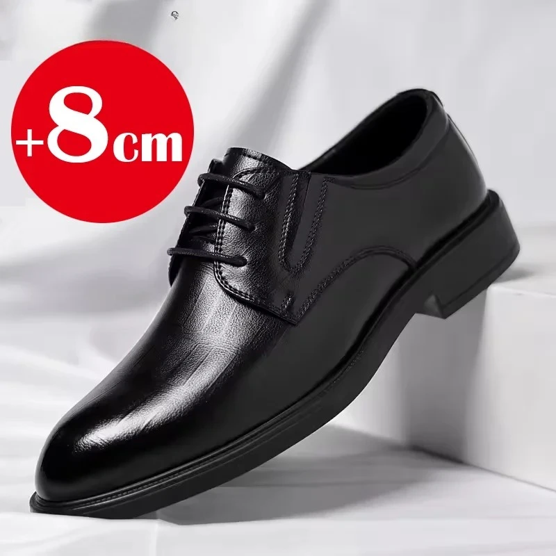 

6/8 CM Height Increasing Leather Shoe Luxury Men Dress Shoes Classic Black Soft Leather Shoe Trend Business Casual Leather Shoes
