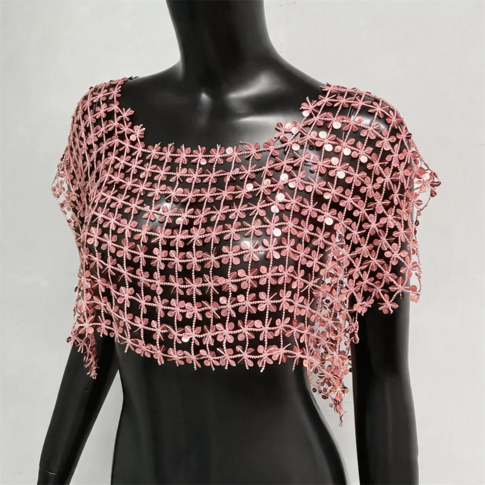 Damen Acryl-Pailletten Mesh Crop Tops Sexy Ausgehöhlt Durchsichtig Handgefertigtes Patchwork T-Shirt Rave Festival Party Tanktops – Detail 19