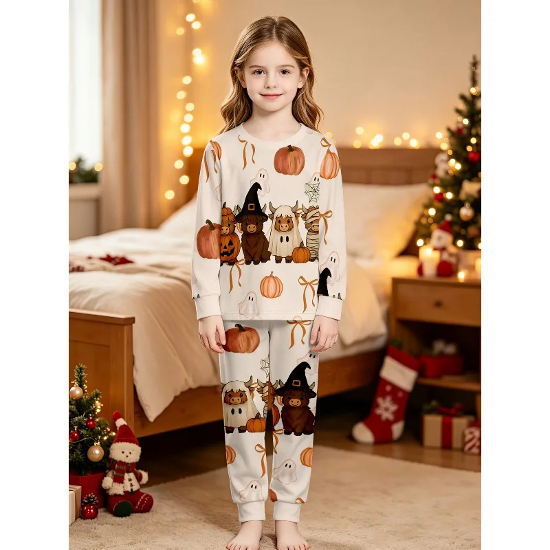 Girls Long Sleeve Crew Neck Pajama Set, Assorted Capybara Halloween Highland Cow MJ Prints, Perfect Birthday Xmas Gift