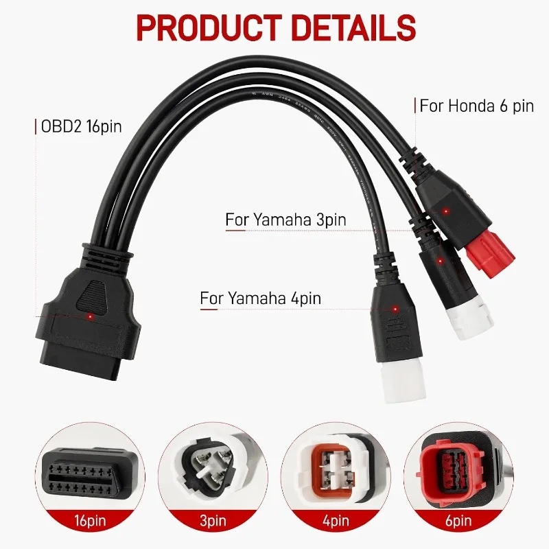 3-in-1 OBD2 Motorcycle Diagnostic Adapter Cable 3  4  6 Pin Male To 16 Pin Female for Yamaha MT07 MT09 MT10 FZ10 Honda KTM