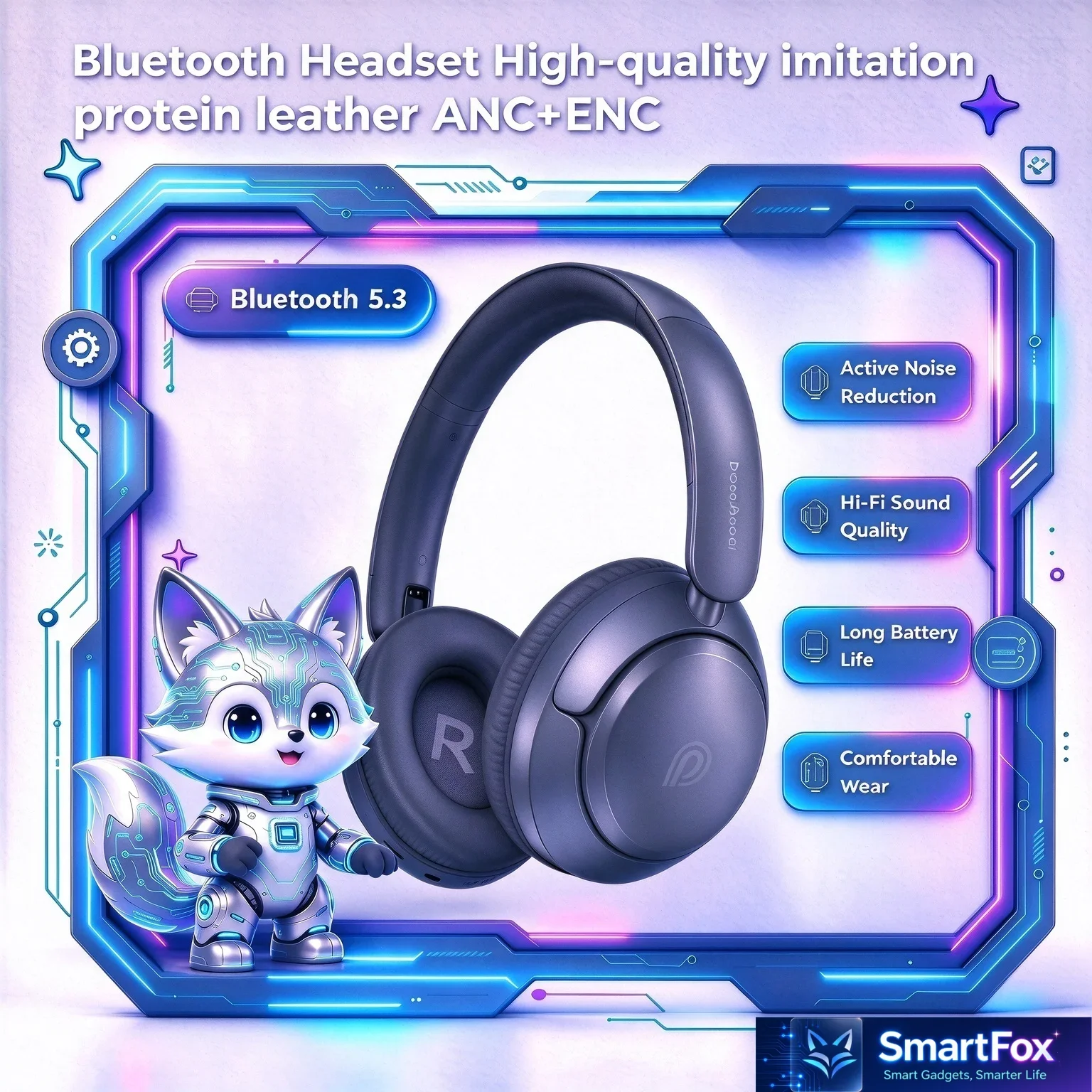Over Ear Bluetooth Headset ANC+ENC Noise Cancelling Headphones Foldable Rotatable Design HiFi Sound Soundproof Sponge Headphone