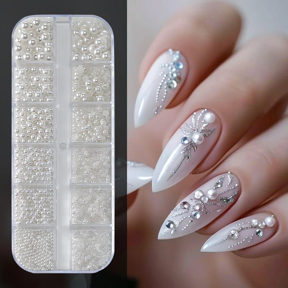 12Grids 3D Mixed White Pearls Nail Charms 0.15-0.5mm Round/Semicircle Pearl Beads Nail Art Rhinestones DIY Manicure Accessories
