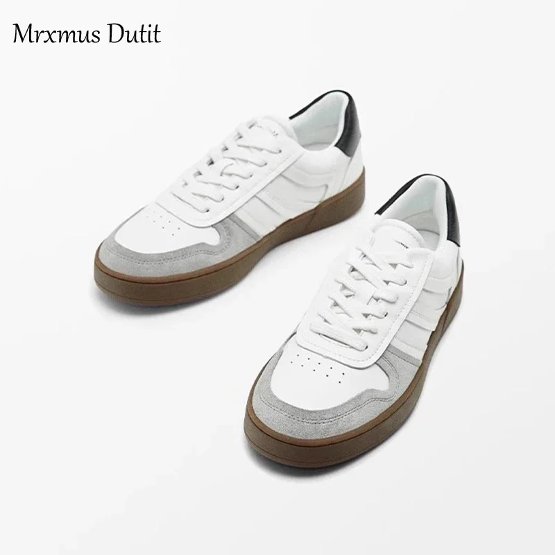 Mrxmus Dutit Women Autumn New 2024 Round Head Flats Shoes Leather Commute Versatile Lacing Sneaker Thick Soled Shoes Female Chic