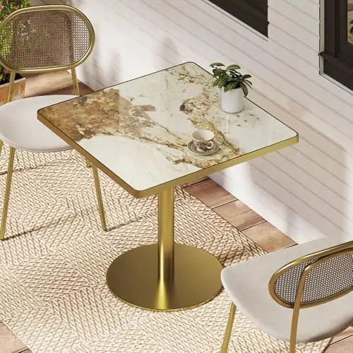 31.5 Inch Square Tulip Table with Thickened Sintered Stone Tabletop & Golden Metal Pedestal, Small Dining Table Bistro