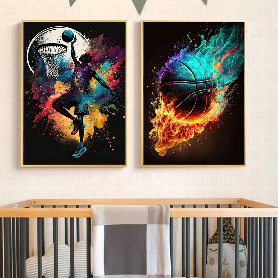 Frameless Canvas Print Basketball Player Dunking Flaming Ball Colorful Splatter Sports Wall Art Home Decor