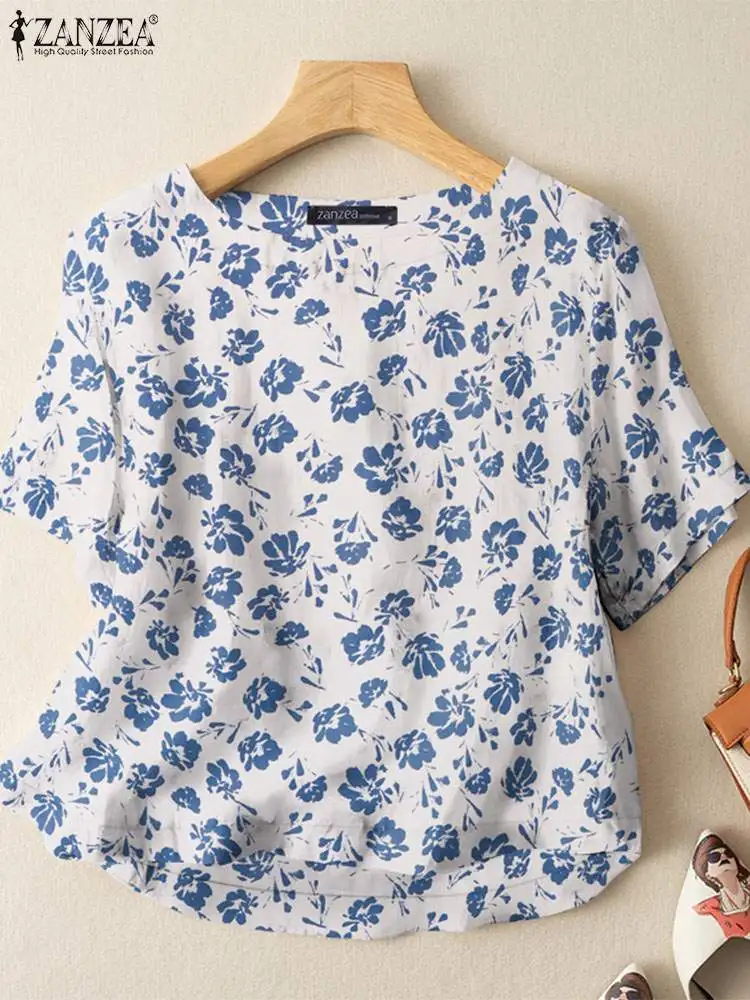 ZANZEA-Blusa de estampas florais boêmias para mulheres, gola O, manga curta, camisa casual, túnica feminina, moda natalícia, verão, 2024