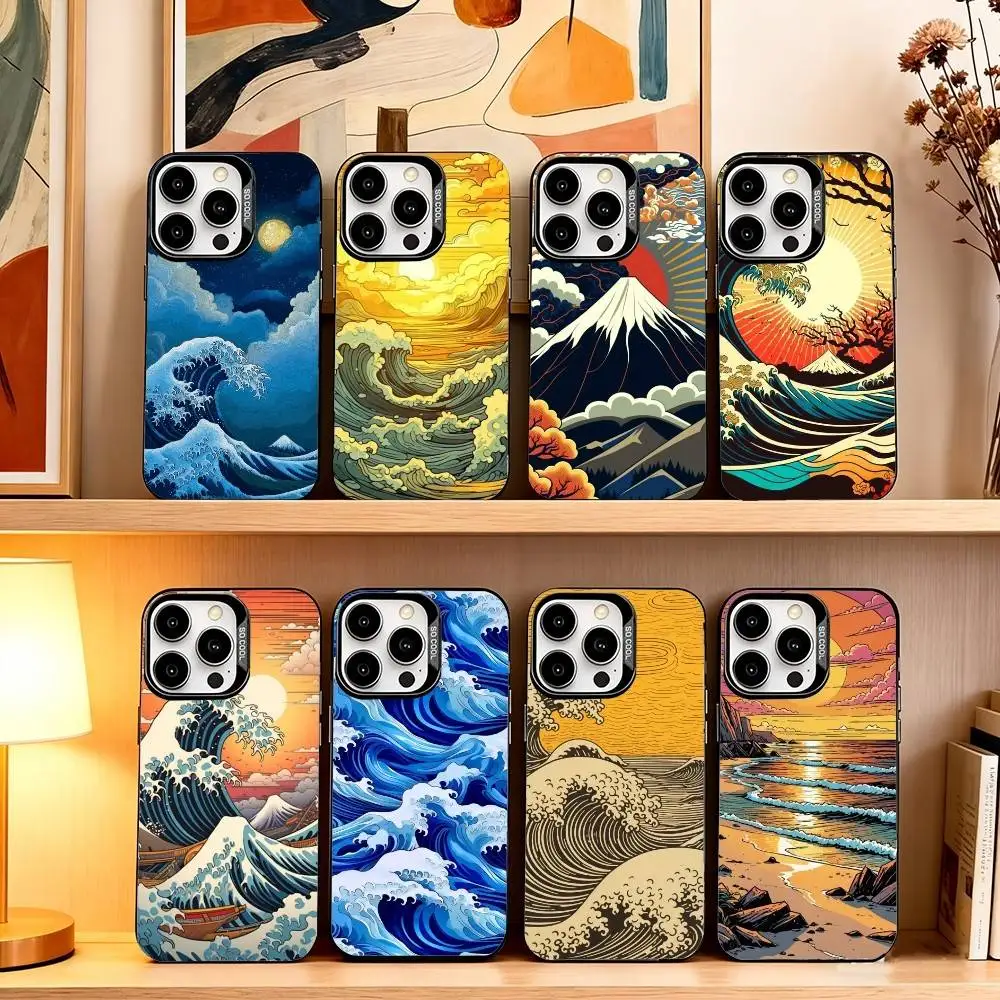 

Ukiyo Ocean W-Waves Creative Phone Case For iPhone 17,16,15,14,13,12,11 Plus,Pro Max,XS,Colorful Silver Black Cover
