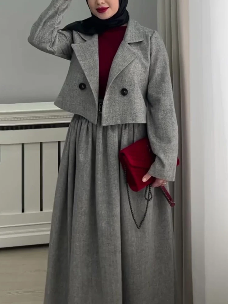 CHICEVER Gray Color Two Piece Set For Women Lapel Long Sleeve Short Coat A Line Skirt With Elastic Elegant Suit Female Clothing