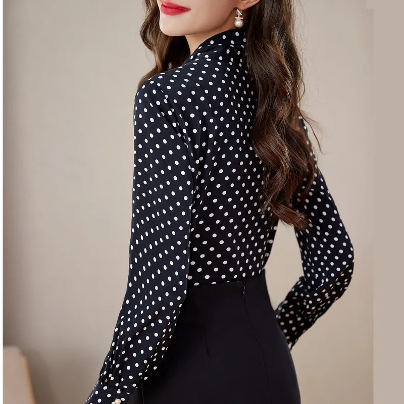 NAVIU Black Dot V Neck Shirt Women Spring New Fashion Temperament Chiffon Design Bow Formal Blouses Office Ladies Work Tops