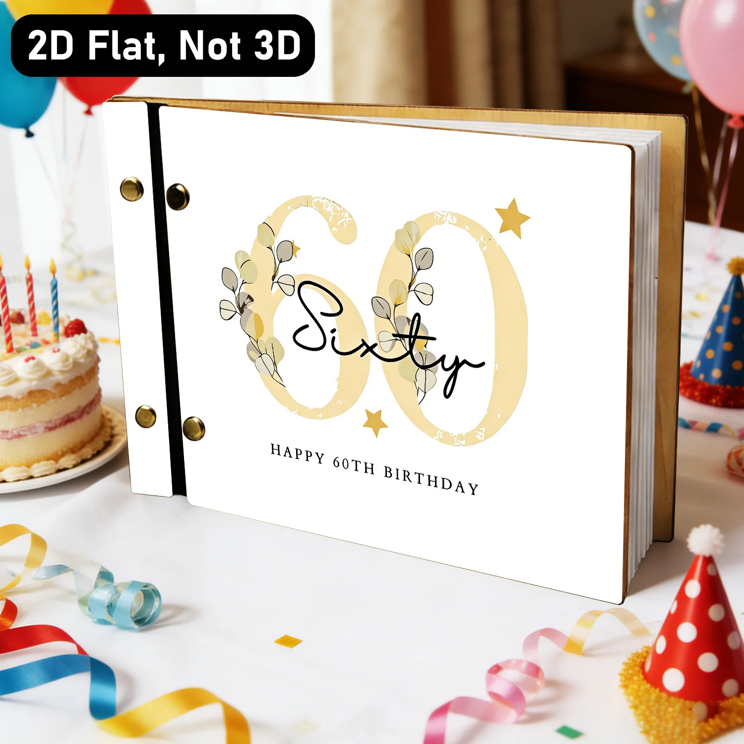 Elegant Birthday Wooden Guestbook & Organizer - Minimalist Beige, Party Message Book - Signature Welcome Book for 60th Birthday