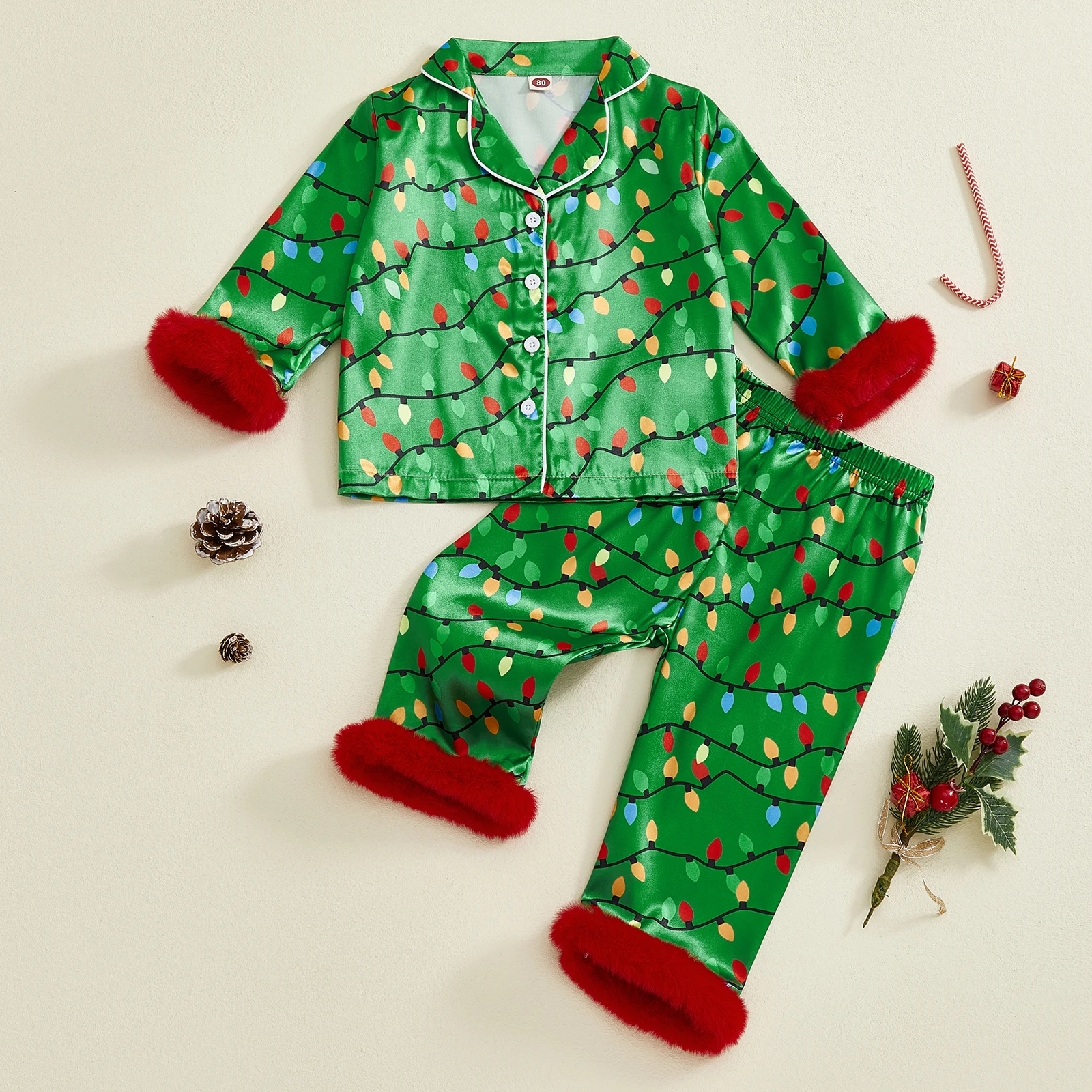 Tregren 0-9Y Kids Boy Girl Christmas Satin Pajamas Set Light String Print Long Sleeve Lapel Button Down Top with Pants Sleepwear