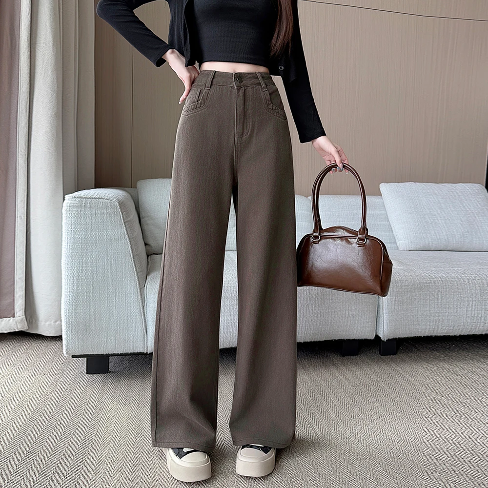 Women's Petite‑Fit Coffee‑Colored Narrow‑Cut Straight‑Leg Wide‑Leg Jeans, Versatile For Autumn And Winter Daily Outfits