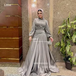 LISM Vintage Muslim Evening Dress Pleats Satin A Line Prom Gown Long Sleeve Formal Occasion Dresses With Veil Custom Made