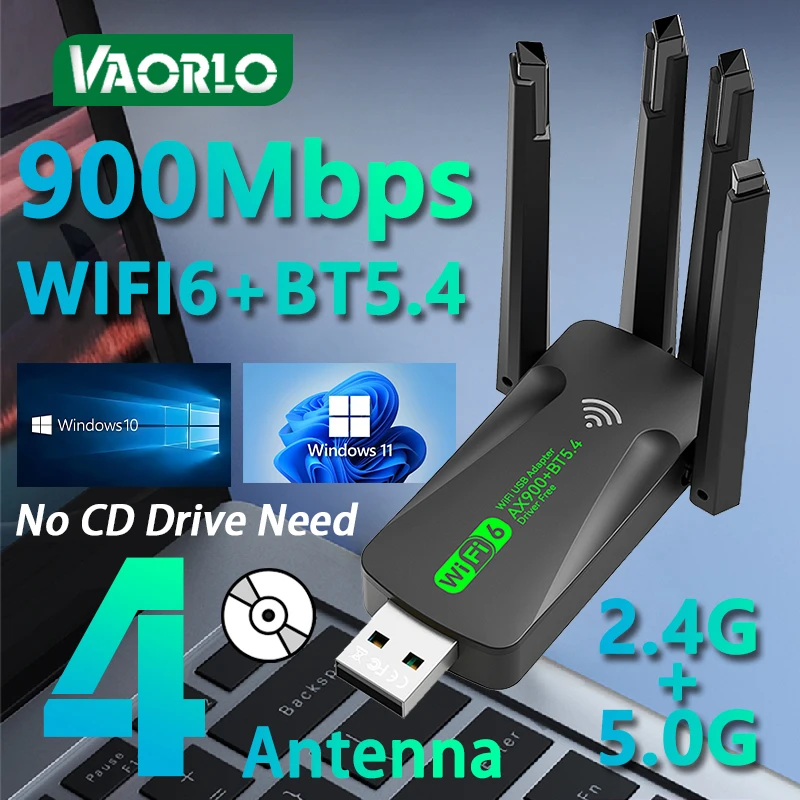 

Двухдиапазонный Wi-Fi USB-адаптер Ethernet 900 Мбит/с с 4 антеннами Bluetooth 5.4 WiFi-ключ Беспроводная сетевая карта для Windows 10/11