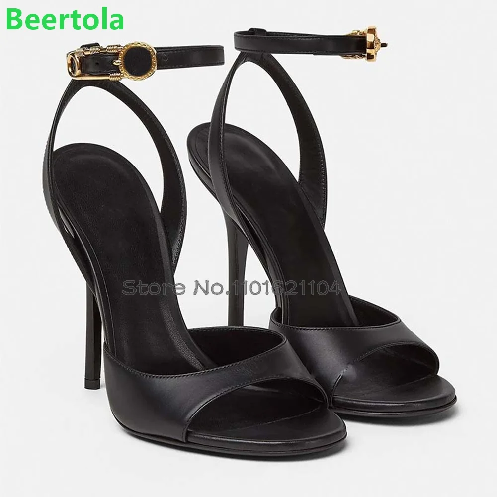 

Black Round Toe Ankle Buckle Strap Sandals For Female Women 2024 New Thin High Heel Slingback Shallow Solid Dress Fashion Shoes