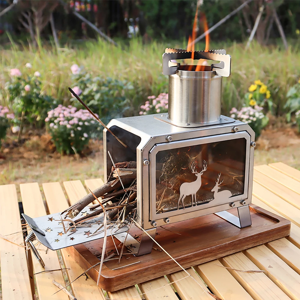 

Camping Outdoor Stainless Steel Portable Desktop Firewood Stove Glass Heating Stove Observation Stove Firewood Stove