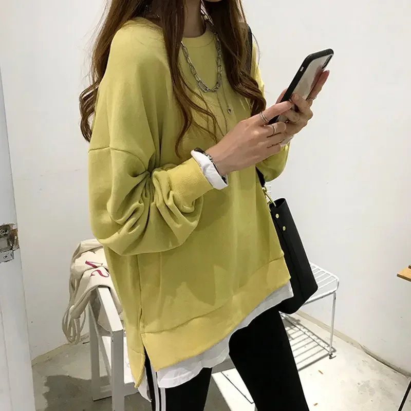 Hoodies Women Soft Thin Korean Style Loose Long-sleeved O-neck Ulzzang Solid Streetwear Minimalist Womens Clothing Chic Casual