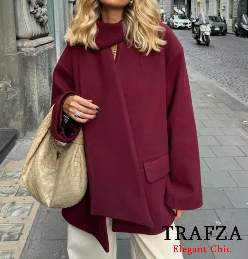 TRAFZA-Women Elegant Scarf Jacket Coat Christmas Red Buttons V-Neck Coat New 2024 Autumn Fall Fashion Romantic Coat with Lined