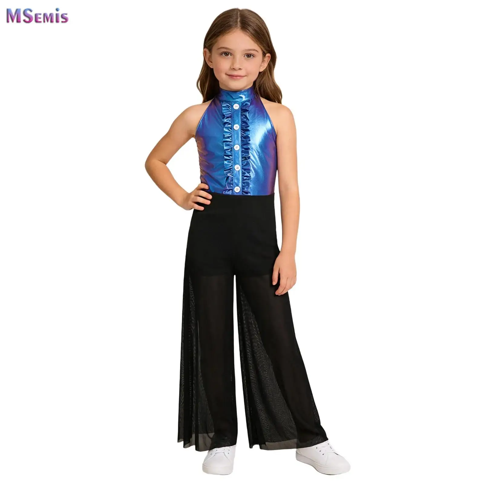 

Kids Girls Metallic Bodice Mesh Wide-Leg Bodysuit Jazz Lyrical Ballet Dance Jumpsuit Mock Neck Sleeveless Back Ruffles Costume