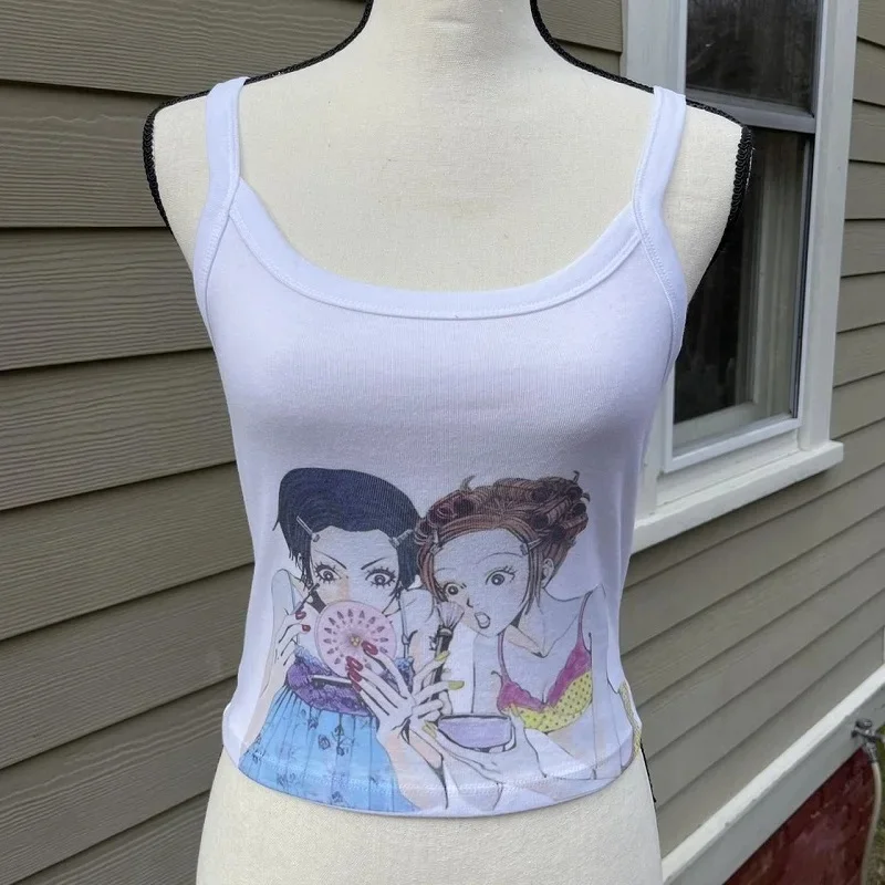 여름 만화 뷰티 프린트 트렌드 Y2K 순수하고 열정적 인 매운 소녀 조끼, 뜨겁고 섹시한 최고 다목적 야외 캠핑 여성