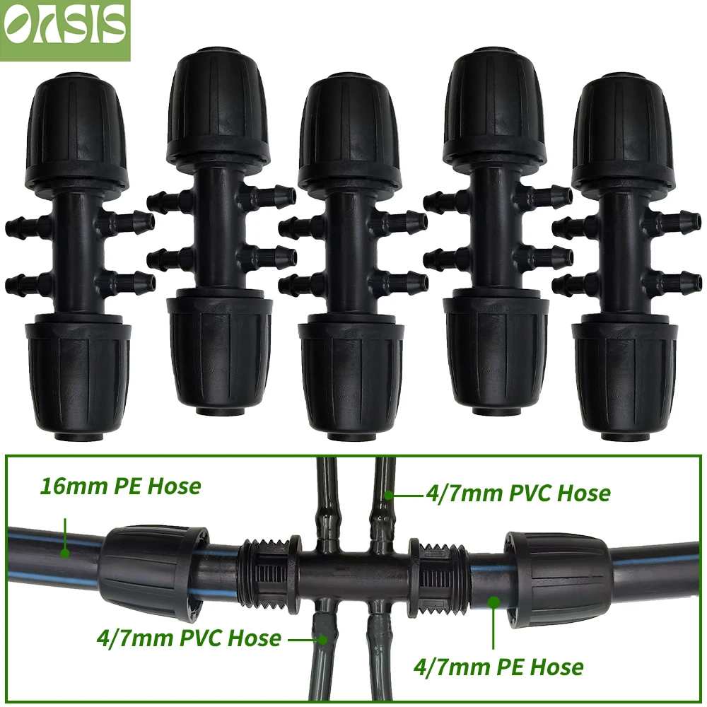 Oasis 16mm to 4/7mm Tubing 6-Way Connector Garden Flower Irrigation Water Adapter PE Pipe to 1/4'' Micro Hose Fitting Joint