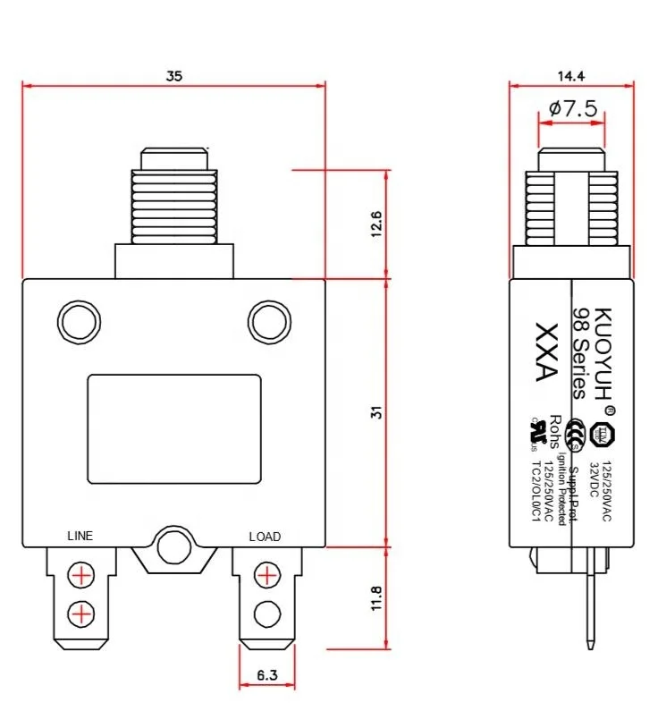 10A Manual Reset Thermal Protector KUOYUH 98 series Circuit Breaker For Portable Generato