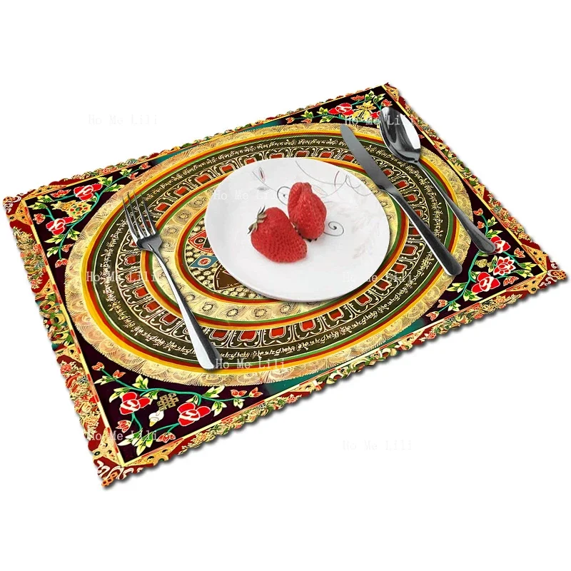 Om Mani Padme Hum Mandala Turkmen Ersari Northwestern Central Floral Medallion Design Polyester Fabric Placemats