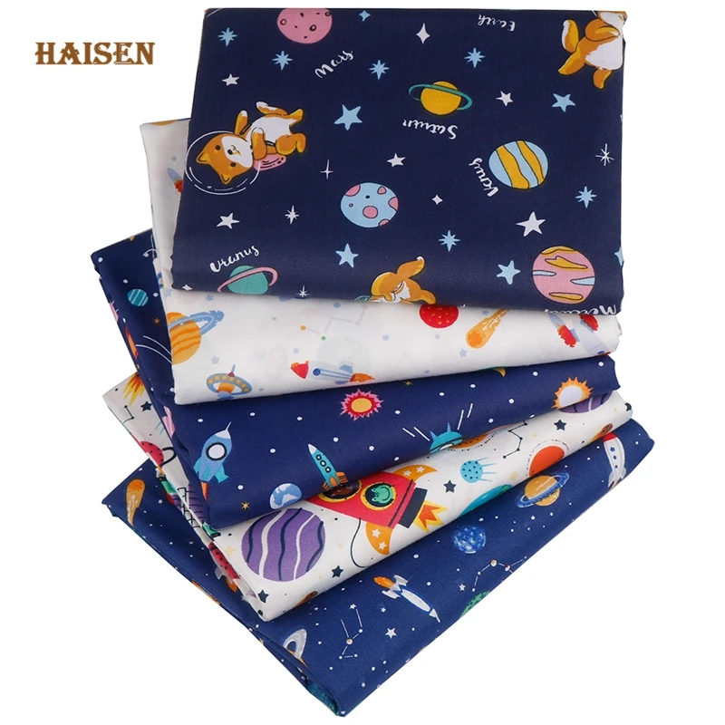 Printed Twill Cotton Fabrics,Patchwork Cloth Set,For DIY Sewing Quilting Baby&Child Material 5pcs 40cmx50cm,Planet Rocket Series