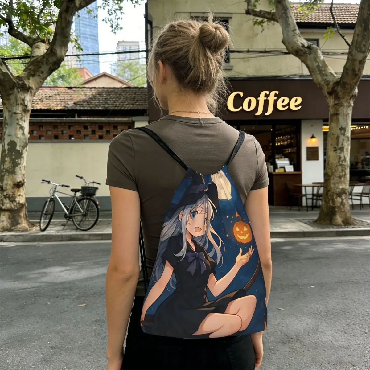 Mystical Anime Witch And Moon Backpacks Casual Drawstring Bags Sports Bag Book Bags for Travel School